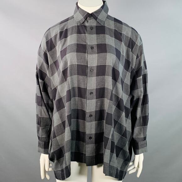 ESKANDAR Size L Black Charcoal Cotton Oversized Checkered Point Collar Shirt - Picture 1 of 6